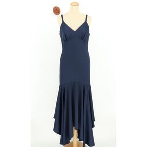 Taylor Navy Blue High Low Mermaid Hem V Neck Spaghetti Strap Midi Dress Size 10